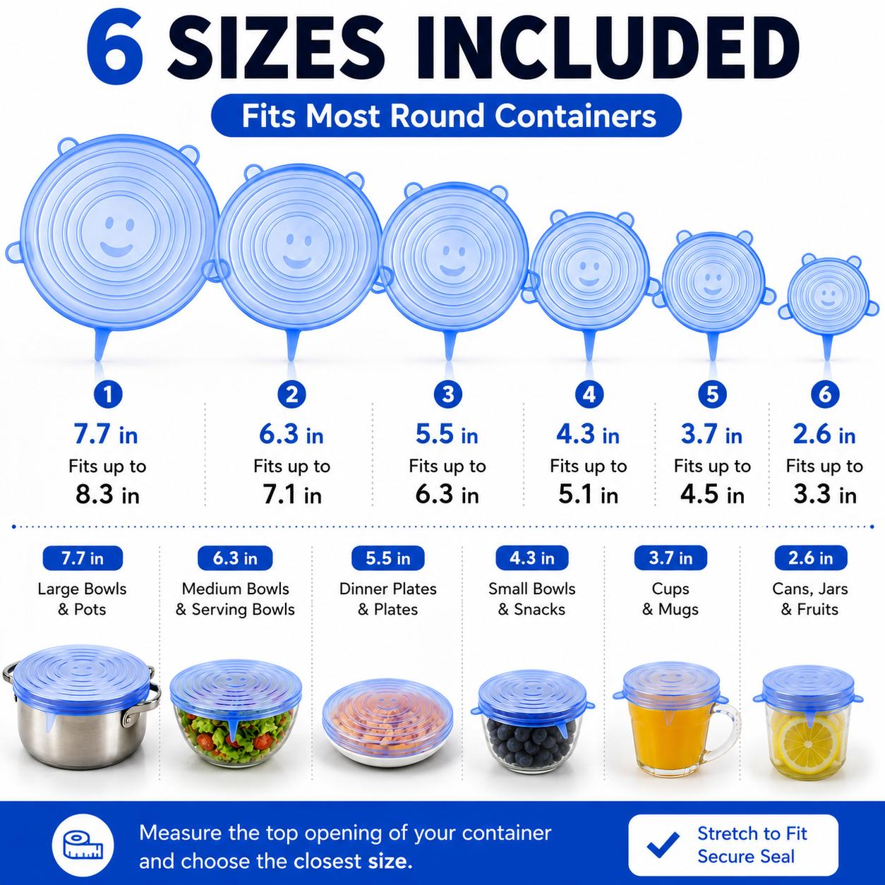 Universal Reusable Silicone Stretch Lids, 6-Pack Airtight Food Covers for Bowls, Cups, Jars & Containers