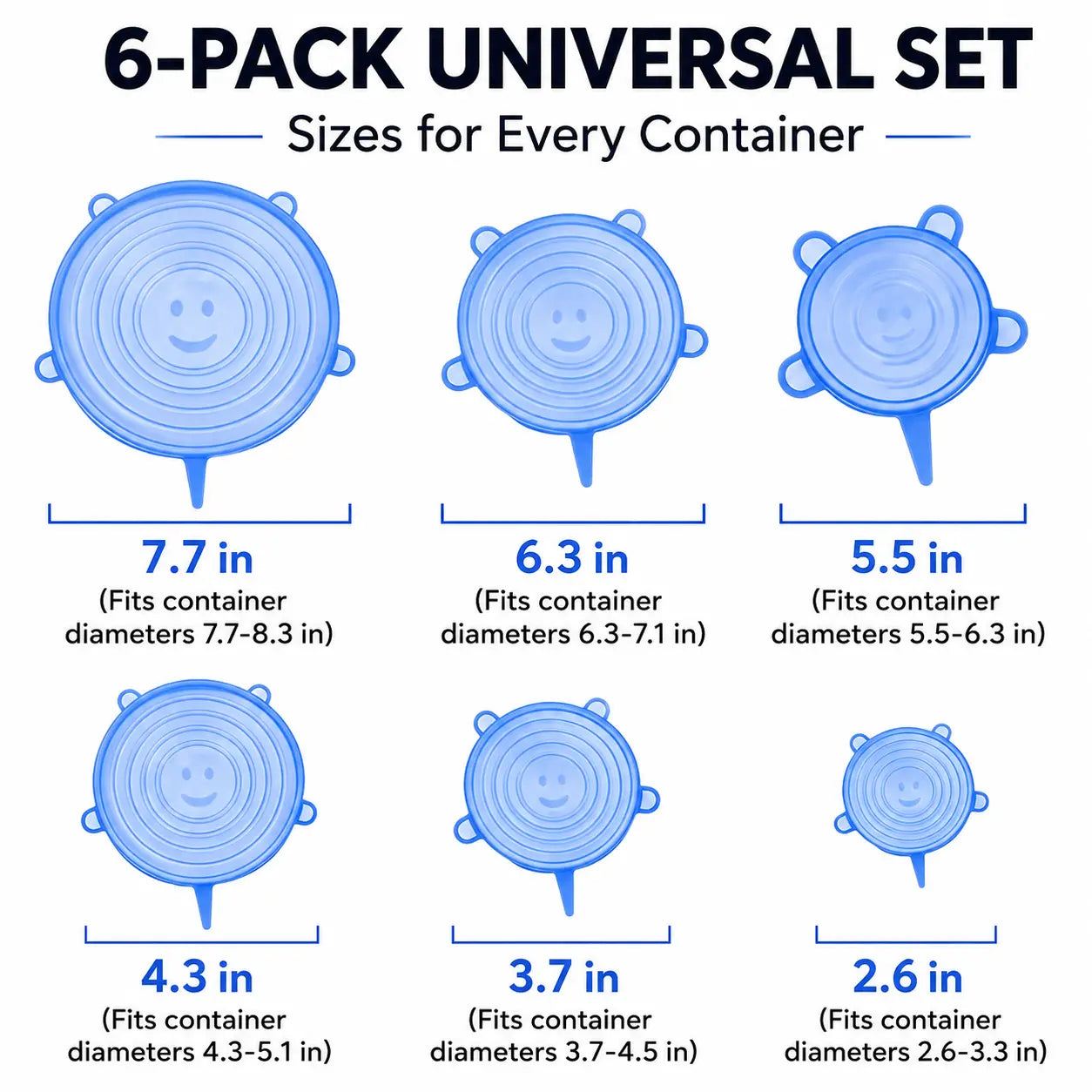 Universal Reusable Silicone Stretch Lids, 6-Pack Airtight Food Covers for Bowls, Cups, Jars & Containers