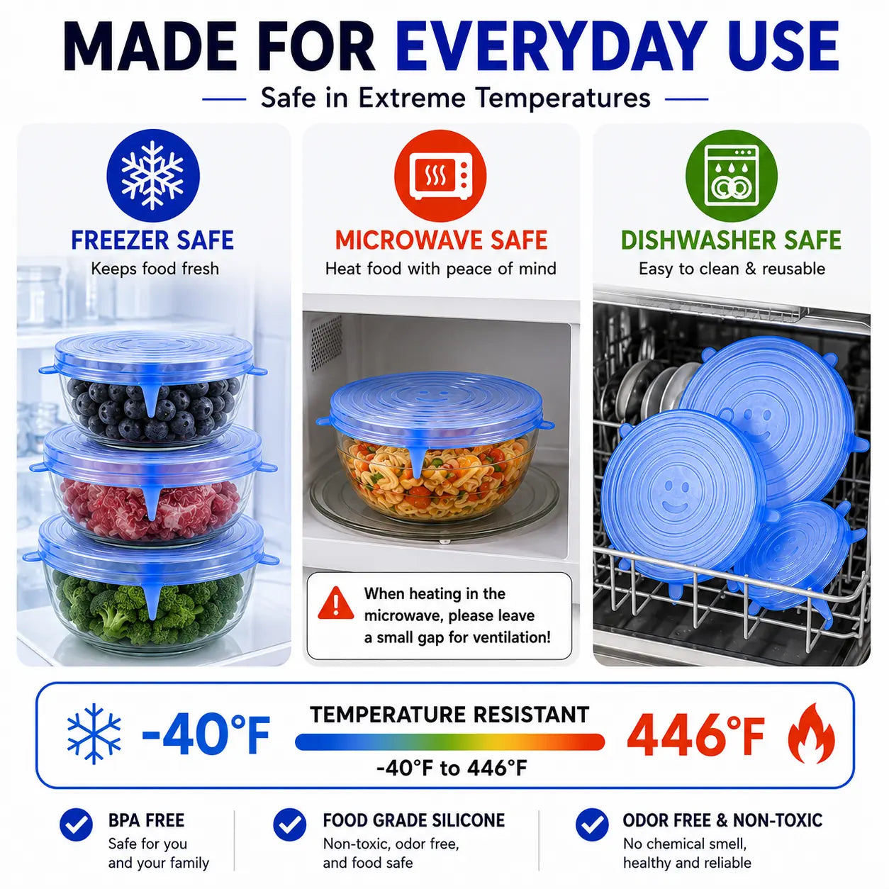 Universal Reusable Silicone Stretch Lids, 6-Pack Airtight Food Covers for Bowls, Cups, Jars & Containers