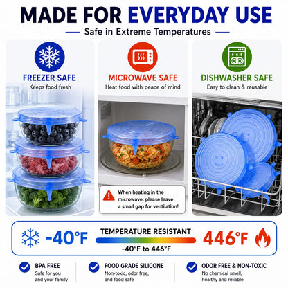 Universal Reusable Silicone Stretch Lids, 6-Pack Airtight Food Covers for Bowls, Cups, Jars & Containers
