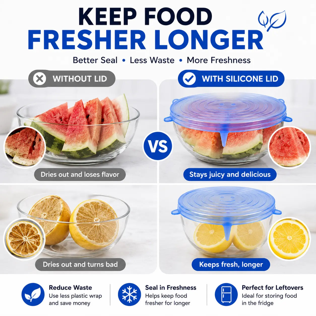 Universal Reusable Silicone Stretch Lids, 6-Pack Airtight Food Covers for Bowls, Cups, Jars & Containers