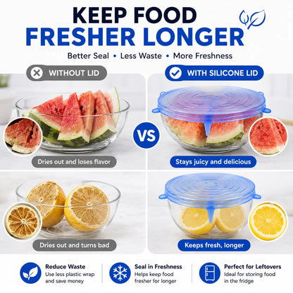 Universal Reusable Silicone Stretch Lids, 6-Pack Airtight Food Covers for Bowls, Cups, Jars & Containers