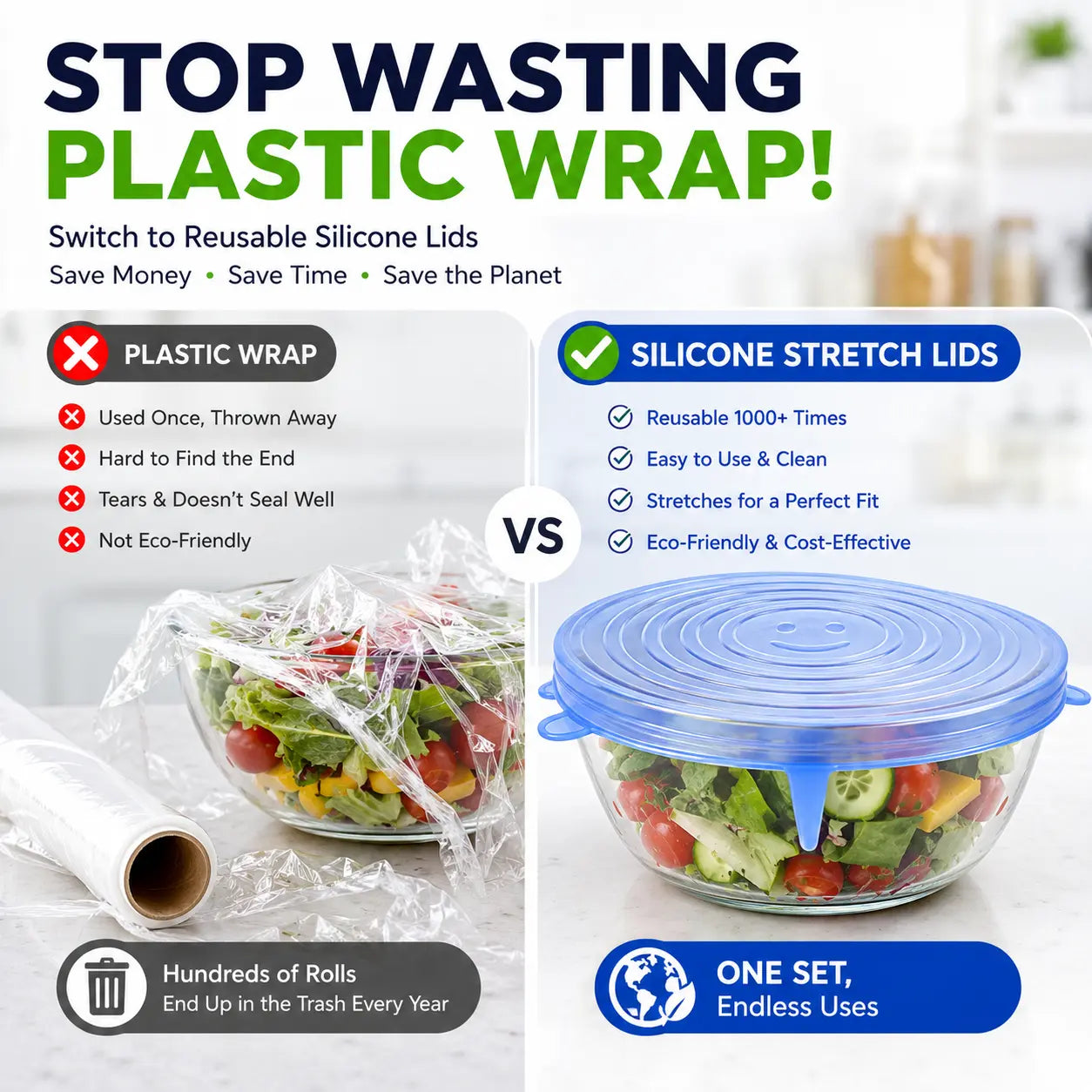 Universal Reusable Silicone Stretch Lids, 6-Pack Airtight Food Covers for Bowls, Cups, Jars & Containers