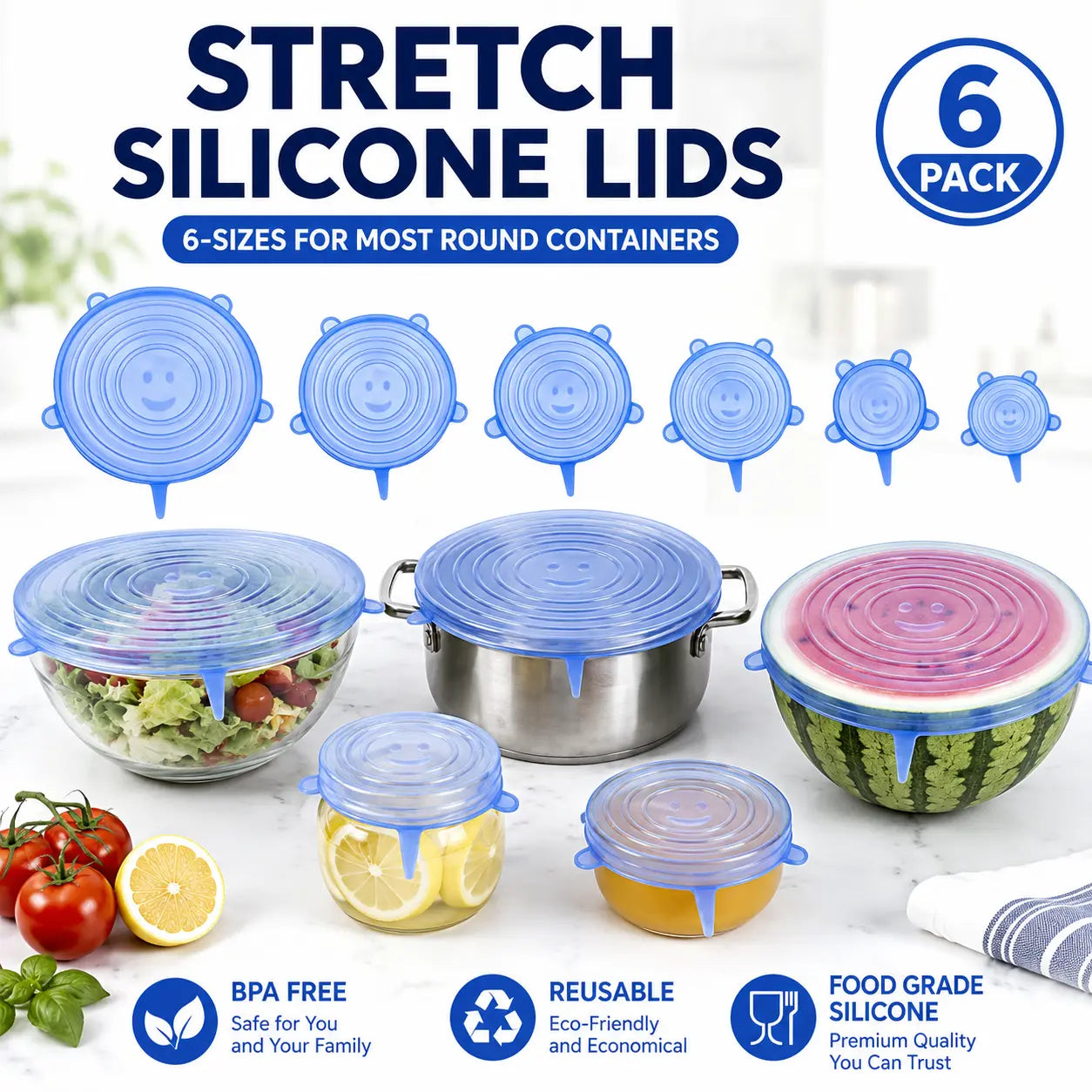 Universal Reusable Silicone Stretch Lids, 6-Pack Airtight Food Covers for Bowls, Cups, Jars & Containers