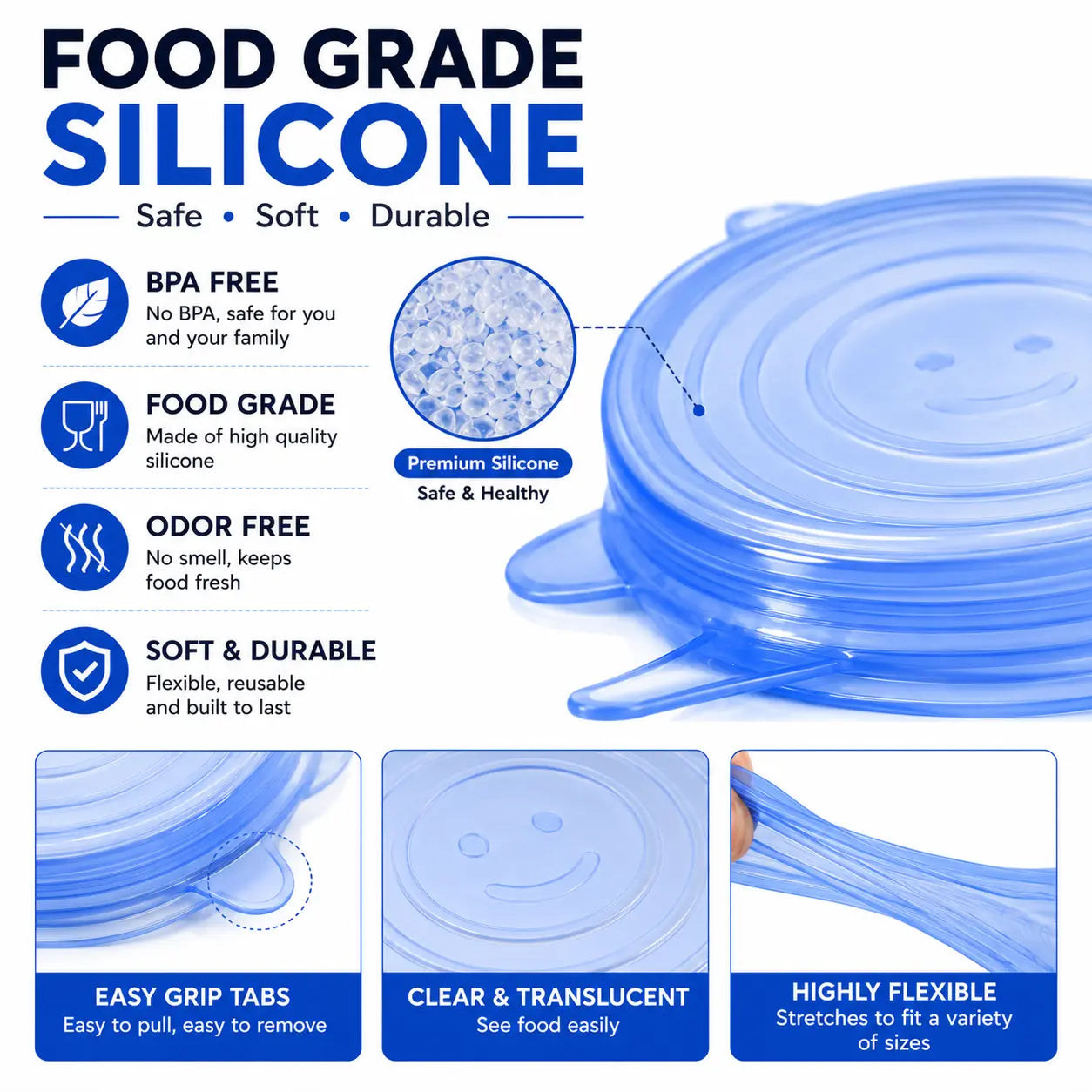 Universal Reusable Silicone Stretch Lids, 6-Pack Airtight Food Covers for Bowls, Cups, Jars & Containers