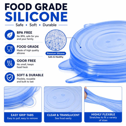 Universal Reusable Silicone Stretch Lids, 6-Pack Airtight Food Covers for Bowls, Cups, Jars & Containers