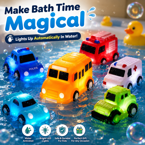 🚗IVOSOMA® 6PCS Water-Activated Light-Up Bath Toy Cars – Traffic & Construction Vehicles for Kids🌊
