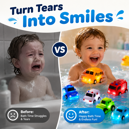🚗IVOSOMA® 6PCS Water-Activated Light-Up Bath Toy Cars – Traffic & Construction Vehicles for Kids🌊