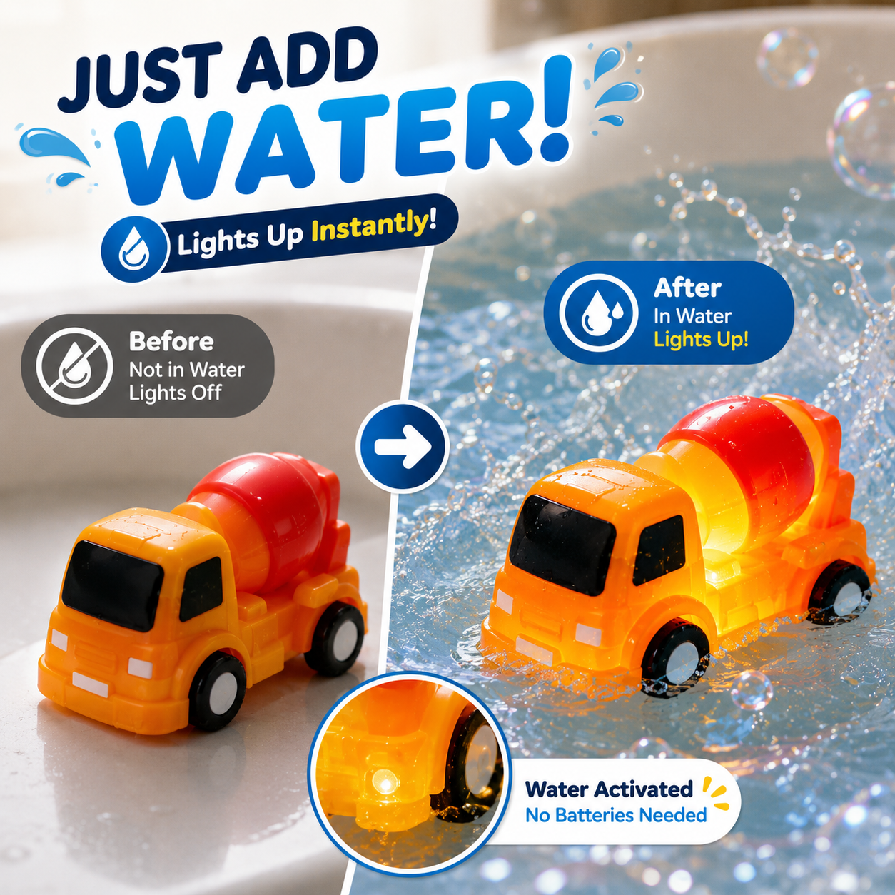 🚗IVOSOMA® 6PCS Water-Activated Light-Up Bath Toy Cars – Traffic & Construction Vehicles for Kids🌊