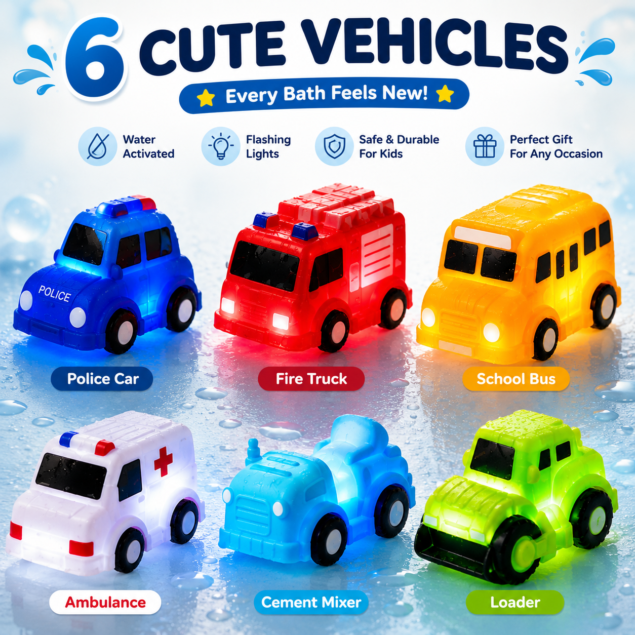 🚗IVOSOMA® 6PCS Water-Activated Light-Up Bath Toy Cars – Traffic & Construction Vehicles for Kids🌊