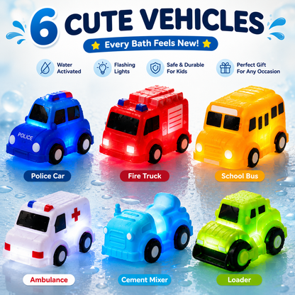 🚗IVOSOMA® 6PCS Water-Activated Light-Up Bath Toy Cars – Traffic & Construction Vehicles for Kids🌊