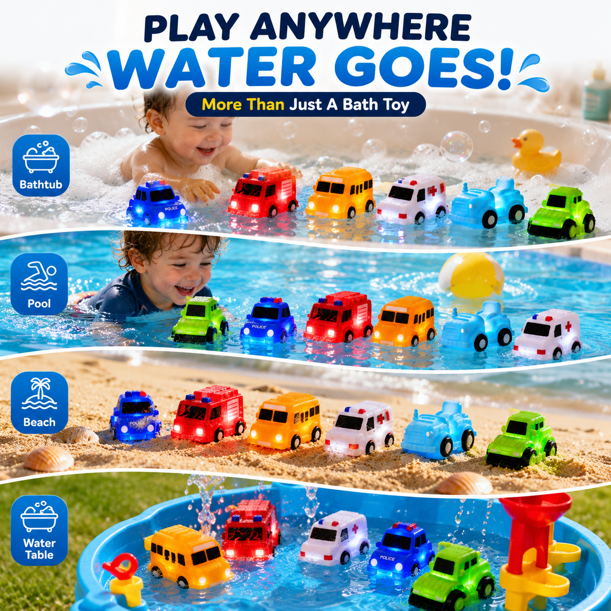 🚗IVOSOMA® 6PCS Water-Activated Light-Up Bath Toy Cars – Traffic & Construction Vehicles for Kids🌊