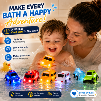 🚗IVOSOMA® 6PCS Water-Activated Light-Up Bath Toy Cars – Traffic & Construction Vehicles for Kids🌊