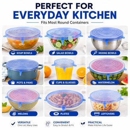 Universal Reusable Silicone Stretch Lids, 6-Pack Airtight Food Covers for Bowls, Cups, Jars & Containers