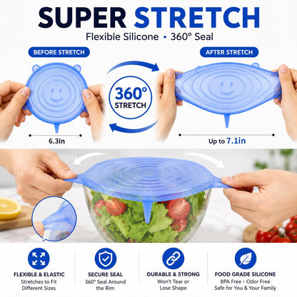 Universal Reusable Silicone Stretch Lids, 6-Pack Airtight Food Covers for Bowls, Cups, Jars & Containers