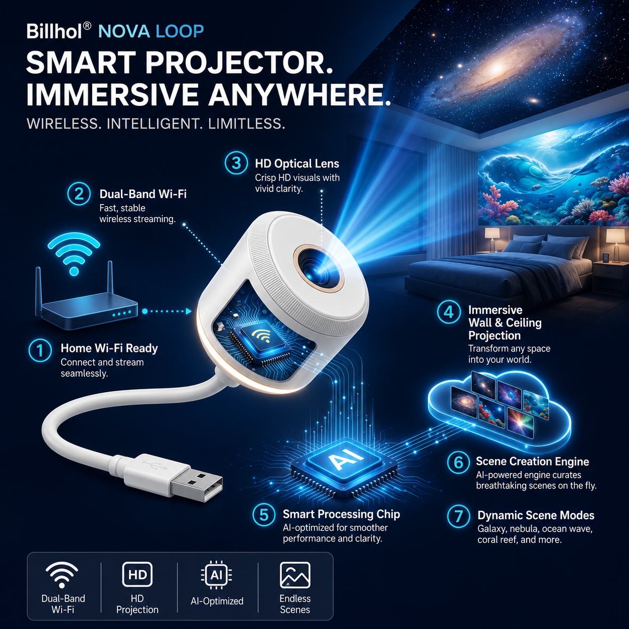 Billhol® Night Light Projector – Smart Holographic Star Projector🔴